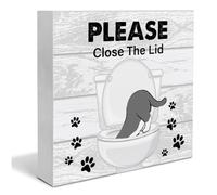 KOPUTE Bathroom Wooden Box Sign Home Decor Cat Bathroom Wood Sign Desk Decoration Please Close the Lid Wood Block Plaque Box Sign for Shelf Home Toilet 5 x 5 Inches