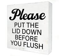 KOPUTE Bathroom Wooden Box Sign with Saying Desk Decor Please Put the Lid Down Before You Flush Box Sign Wood Plaque Block Sign Rustic Home Guest Toilet Decor 7 x 7 Inches