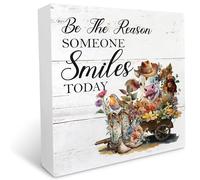 KOPUTE Be the Reason Someone Smiles Today Wood Box Sign Desk Decor Rustic Calf and Cowboy Boots Floral Wooden Box Block Sign for Country Home Tabletop Shelf 5 x 5 Inches