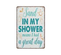 KOPUTE Beach Sign Beach House Decor Sand In My Shower Means I Had A Great Day Square Sign Funny Metal Sign Poster Wall Art for Kitchen Garden Bathroom Farm Home Coffee Decor Tin Sign,5.5x8 inches