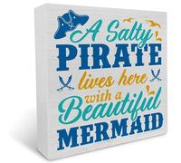 KOPUTE Beach Theme Wooden Box Sign a Salty Pirate Lives Here with a Beautiful Mermaid Wood Block Plaque Decor Farmhouse Home Beach House Shelf or Wall Display 7 x 7 Inches