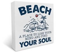 KOPUTE Beach Theme Wooden Box Sign Beach House Decor Beach a Place to Lose Your Mind and Find Your Soul Square Wood Sign Desk Decoration Wood Block Plaque Box Sign for Shelf Home 5 x 5 Inches