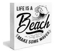 KOPUTE Beach Wooden Box Sign Beach House Decor Life Is a Beach Make Some Waves Square Wood Sign Desk Decoration Coastal Summer Waves Wood Block Plaque Box Sign for Shelf Home 5 x 5 Inches