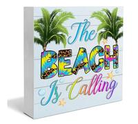 KOPUTE Beach Wooden Box Sign Beach House Decor the Beach Is Calling Square Wood Sign Desk Decoration Farmhouse Wood Block Box Sign for Shelf Home 5 x 5 Inches