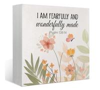 KOPUTE Bible Verse Boho Watercolor Wooden Box Block Plaque Sign Decor, Christian Religious Decor Gift, I Am Fearfully And Wonderfully Made,Christian Nursery Home Desk Shelf Decor, 7 x 7 Inches