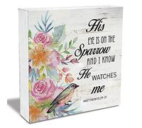 KOPUTE Bible Verse His Eye is on the Sparrow Wood Box Sign Rustic Scripture Wooden Box Sign Christian Home Office Desk Shelf Decor 7 x 7 Inches