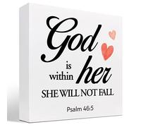 KOPUTE Bible Verse PSALM 46:5 God is Within Her She Will Not Fall Wood Box Sign Decor Desk Sign,Inspirational Christian Wooden Box Block Sign for Home Office Shelf Table Decor 7 x 7 Inches