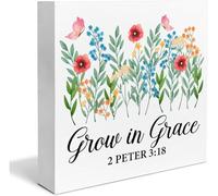 KOPUTE Bible Verse Wooden Box Sign Christian Home Decor Grow In Grace 2 Peter 3:18 Scriptures Wood Sign Desk Decoration Floral Religious Wood Block Plaque Box Sign For Shelf Home 5 x 5 Inches