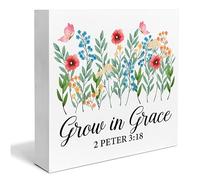 KOPUTE Bible Verse Wooden Box Sign Christian Home Decor Grow in Grace 2 Peter 3:18 Scriptures Wood Sign Desk Decoration Floral Religious Wood Block Plaque Box Sign for Shelf Home 5 x 5 Inches