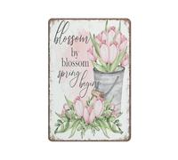 KOPUTE Bloom By Bloom Spring Begins Rustic Spring Office Decor Cute Spring Blessings Sign Funny Metal Sign Poster Wall Art for Kitchen Garden Bathroom Farm Home Coffee Decor Tin Sign,8x12 inches