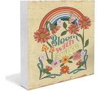 KOPUTE Bloom With Grace, Retro 70s Home Decor, Rainbow Print Art, 70s Wall Art, Mushroom Home Decor, 70s Floral Pattern Print, Funny Bathroom Sign Decor Desk Decor Wooden Box Sign 7 x 7 Inches