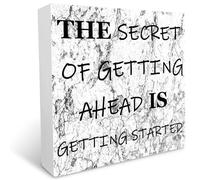 KOPUTE Box Sign - The Secret Of Getting Ahead Is Getting Started - Wood Inspirational Wall Box Sign Home Decor Office Desk Decor 5 x 5 Inches