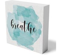 KOPUTE Breathe Wooden Box Sign Decorative Inspirational Quote Wood Box Sign Home Bedroom Office Yoga Decor Relax Rustic Square Desk Decor Sign for Shelf 7 x 7 Inches