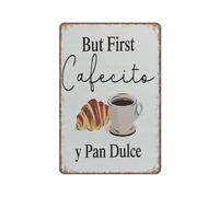 KOPUTE But First Cafecito Y Pan Dulce Sign Decor Sign Coffee Bar Block Sign Funny Metal Sign Poster Wall Art for Kitchen Garden Bathroom Farm Home Coffee Decor Tin Sign,5.5x8 inches