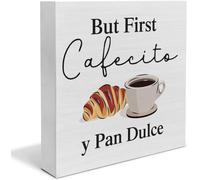 KOPUTE But First Cafecito Y Pan Dulce Wood Box Sign Decor Desk Sign Coffee Bar Wooden Box Block Sign Rustic Home Kitchen Shelf Tabletop Wall Decoration 5 x 5 Inches