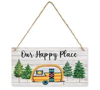 KOPUTE Camper Our Happy Place Wooden Plaque, Front Wooden Plaque,Farmhouse Wooden Plaque Decor Office Decor Sign Rustic Home Decoration 6X12 inch