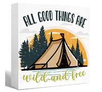 KOPUTE Camping Decor Funny Camping Sign Rustic Colorful All Good Things are Wild and Free Wood Block Sign Home RV Camper Decor,Camper for Inside,Camping Gifts 5 x 5 Inches