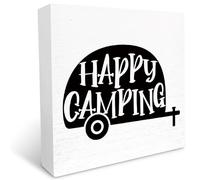 KOPUTE Camping Wood Box Sign Rustic Black and White Happy Camping Wood Block Sign Home RV Camper Decor,Camper for Inside,Camping Gifts 5 x 5 Inches