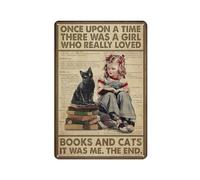 KOPUTE Cats And Book Poster, Once Upon A Time There Was A Girl Who Really Loved Books And Cat It Was Me Poster,Retro Metal Poster Wall Art Kitchen Garden Farm Home Decoration,tin sign 30X40cm