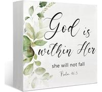 KOPUTE Christian Decor, God is within Her Bible Verse Wood Box Sign Decor, Rustic Farmhouse Psalm 46:5 Christian Wood Block Plaque, Home Office Desk Sign Decor for Presents 5 x 5 Inches