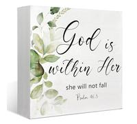 KOPUTE Christian Decor, God is within Her Bible Verse Wood Box Sign Decor, Rustic Farmhouse Psalm 46 : 5 Christian Wood Block Plaque, Home Office Desk Sign Decor for Presents, 7 x 7 Inches