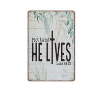 KOPUTE Christian Easter Sign, Christian Decor,Religious Bible Verse Plot Twist He Lives Funny Metal Sign Poster Wall Art for Kitchen Garden Bathroom Farm Home Coffee Decor Tin Sign,5.5x8 inches