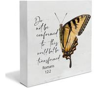 KOPUTE Christian Gifts Inspirational Bible Verse Wooden Box Sign Romans 12:2 Scripture Desk Decorative Butterfly Wooden Sign Home Office Decor For Desk, 7 x 7 Inches