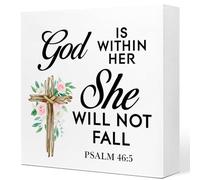 KOPUTE Christian Gifts,Inspirational Christian Desk Decor,God is Within Her She Will Not Fall Psalm 46:5 Bible Verse Wood Block Plaque Tabletop Decoration,Religious Gifts 5 x 5 Inches