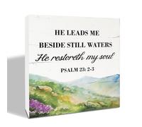 KOPUTE Christian Sign, Rustic Box Sign Decor Tabletop, Decorative Wooden Box Sign, Christian Decor for Home Office, Spiritual Gift, Psalm 23: 2-3 Sign - He Leads Me Beside Still Waters 7 x 7 Inches