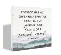 KOPUTE Christian Sign, Rustic Box Sign Decor Tabletop, Decorative Wooden Box Sign, Religious Wood Sign, Inspirational Home Decor, 2 Timothy 1:7 Sign, Scripture Decor Art 5 x 5 Inches