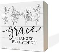 KOPUTE Christian Wood Signs,Grace Changes Everything Wood Signs,Box Sign Decor Tabletop,Inspirational Wood Block Plaque,Decor Wood Block Plaque,Home Decor,Farmhouse Table Decor,5 x 5 Inches