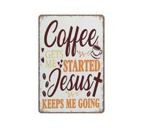 KOPUTE Coffee Lover Sign Decoration Coffee Gets Me Started Jesus Keeps Me Going tin sign Funny Metal Sign Poster Wall Art for Kitchen Garden Bathroom Farm Home Coffee Decor Tin Sign,12x16 inches