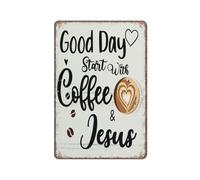 KOPUTE Coffee Sign Decor, Coffee Table Decor, Good Day Start With Coffee And Jesus,Funny Metal Sign Poster Wall Art for Kitchen Garden Bathroom Farm Home Coffee Decor Tin Sign,12x16 inches