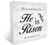 KOPUTE Country He is Not Here for He Has Risen Farmhouse Wood Box Sign Desk Decor Christian Religious Wooden Block Sign Decor for Desk Wall es 7 x 7 Inches