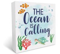 KOPUTE Country the Ocean is Calling Wooden Box Sign Desk Decor Beach Summer Wood Block Plaque Sign Beach Room Desk Signs Home Shelf Desk Decoration 5 x 5 Inches