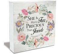 KOPUTE Cute Bible Verse She Is Far More Precious Than Jewels Wood Box Sign Rustic Scripture Wooden Box Sign Christian Home Office Desk Shelf Decor 5 x 5 Inches