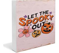 KOPUTE Cute Halloween Print, Let the Spooky Out, Retro Wall Art, Retro Wall Decor, Horror Print, Fall Print, Funny Bathroom Sign Bathroom Decor Desk Decor Wooden Box Sign 7 x 7 Inches