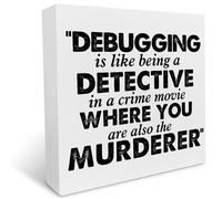 KOPUTE Debugging Is Like Being A Detective Wood Box Sign Desk Decor Computer Programming Gifts IT Tech Cubicle Office Desk Decor Sign Humor Wooden Block Sign 7 x 7 Inches