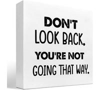 KOPUTE Don't Look Back You're not Going That Way Wood Block Sign Desk Decor,Motivational Wooden Box Plaque Sign Desk Decor for Home Office Shelf Table Decor 7 x 7 Inches