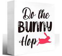 KOPUTE Easter Party Decor,Easter Wood Box Sign,Funny Easter Tray Decor,Easter Day Desk Decor,Do the Bunny Hop Easter Wooden Block Plaque Box Sign Shelf Table Decor 7 x 7 Inches
