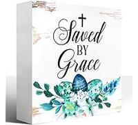 KOPUTE Easter Religious Desk Decor,Easter Bible Verse Wood Sign,Saved by Grace Cross Sign Easter Christian Wooden Block Plaque Box Sign Decoration for Home Office 7 x 7 Inches