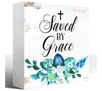 KOPUTE Easter Religious Desk Decor Easter Bible Verse Wood Sign Saved By Grace Cross Sign Easter Christian Wooden Block Plaque Box Sign Decoration 7 x 7 Inches