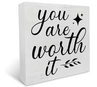 KOPUTE Encouraging Quote Wood Box Sign Decor Desk Sign You are Worth It Wooden Box Block Sign Rustic Home Office Bedroom Living Room Shelf Wall Decoration 7 x 7 Inches
