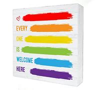 KOPUTE Every One is Welcome Here Wood Box Sign Rainbow Diversity Pride Quote Wooden Box Signs with Sayings Desk Decoration Home Office Classroom Desk Shelf Decor Sign 7 x 7 Inches