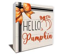 KOPUTE Fall Decor Wood Box Sign, Hello Pumpkin, Farmhouse Retro Fall Artwork Decor, Happy Autumn Harvest Thanksgiving Wooden Square Sign Desk Block Signs Home Shelf Office 7 x 7 Inches
