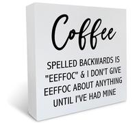 KOPUTE Farmhouse Coffee Spelled Backwards Wooden Box Sign Rustic Style Humor Coffee Quote Wood Block Tabletop Sign Decorative Desk Sign Decor for Home Kitchen Shelf 5 x 5 Inches