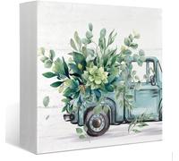 KOPUTE Farmhouse Spring Eucalyptus Leaves Wooden Box Sign Decor, Botanical Truck Wooden Block Plaque Sign Decoration for Shelf Table Farmhouse Decor, Sage Green Decor,5 x 5 Inches
