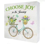 KOPUTE Floral Choose Joy In The Journey Spring Wood Box Sign Home Decor Rustic Bicycle And Flowers Spring Wooden Box Sign Block Plaque For Wall Tabletop Desk Decoration 5 x 5 Inches