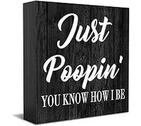 KOPUTE Funny Bathroom Decor Desk Decor Wooden Box Sign Humor Rustic Black Wood Block Plaque Box Sign Restroom Toilet Washroom Shelf Table Decor Just Poopin' You Know How I Be Sign 5 x 5 Inches
