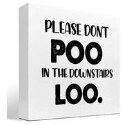 KOPUTE Funny Bathroom Sign Decor,Please Don't Poo in the Downstairs Loo Wood Box Sign Desk Decor,Bathroom Reminder Signs,Humorous Bathroom Signs 5 x 5 Inches